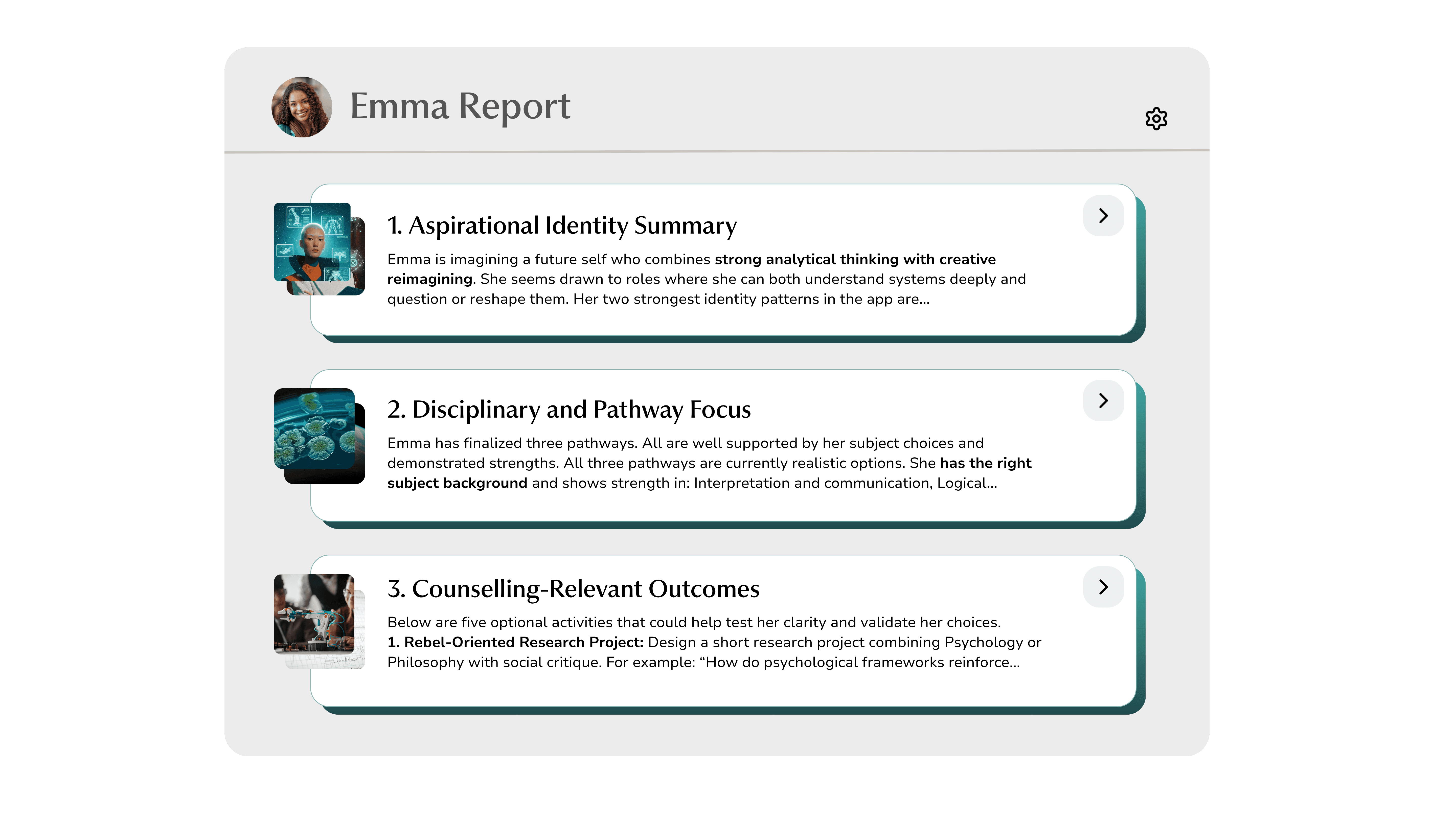 Sample counselor report from the student journey